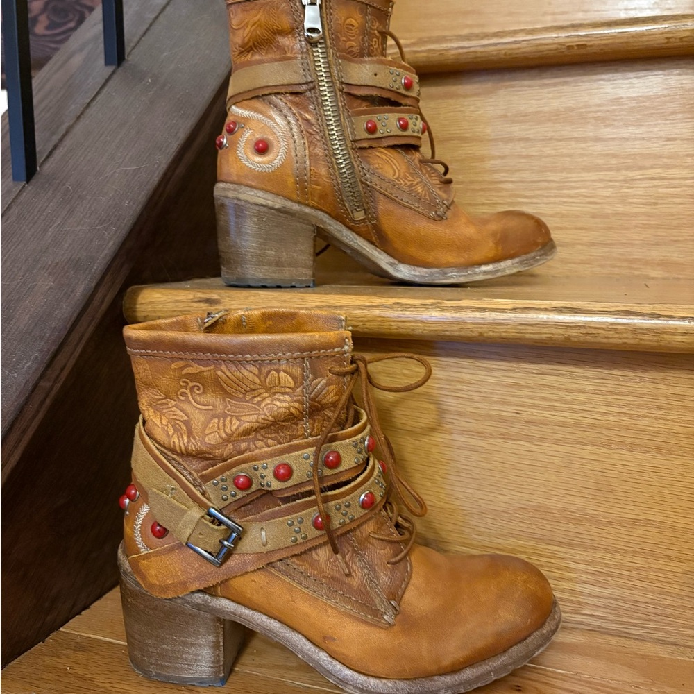 Brown Leather Ankle Boots with Red Accents